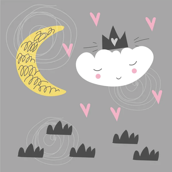 Bonito cartel escandinavo con nube, luna y corazones. Niños dibujando. Estilo de dibujos animados . — Archivo Imágenes Vectoriales