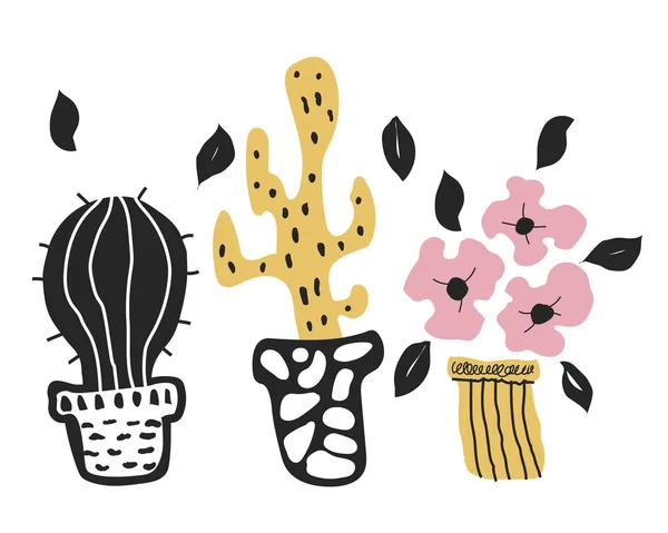 Lindas flores y cactus en diseño escandinavo. Aislado sobre elemento decorativo blanco. Estilo artesanal . — Vector de stock