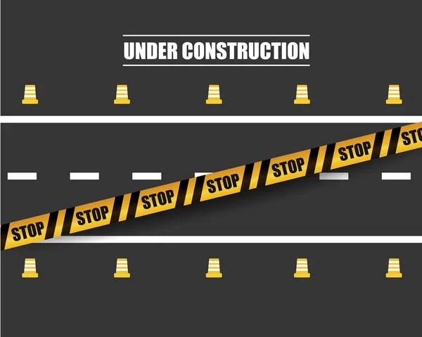 Estrada em construção ilustração com fita listrada preta e amarela. Perigo, sinal de atenção . — Vetor de Stock