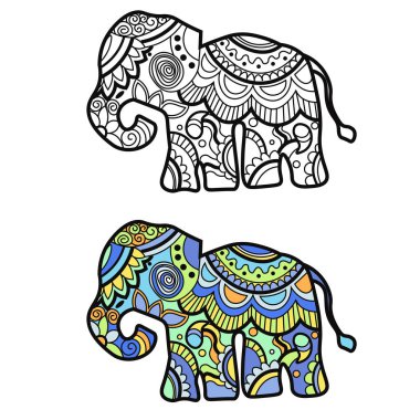 Mehndi geleneksel Hint etnik sembolü fil ile renkli. Kına tasarım, kumaş, tekstil, t-shirt baskı veya poster için iyi