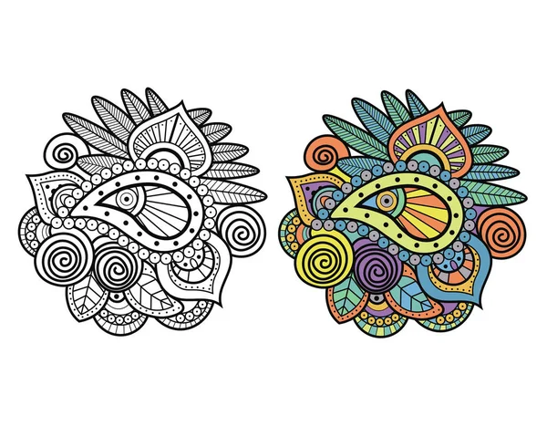 Mehndi colorido símbolo étnico indiano tradicional com elementos florais. Bom para design de henna, tecido, têxtil, impressão de t-shirt ou cartaz . — Vetor de Stock
