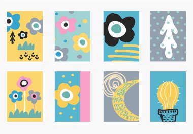 Güzel bir çocuk çizim seti. El posterler İskandinav tarzında çekilmiş çocuk, posterler veya afiş, tebrik kartları için. t-shirt yazdırır. Kreş çizimler