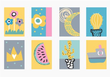 Güzel bir çocuk çizim seti. El posterler İskandinav tarzında çekilmiş çocuk, posterler veya afiş, tebrik kartları için. t-shirt yazdırır. Kreş çizimler