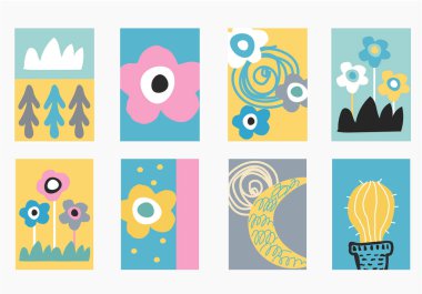 Güzel bir çocuk çizim seti. El posterler İskandinav tarzında çekilmiş çocuk, posterler veya afiş, tebrik kartları için. t-shirt yazdırır. Kreş çizimler