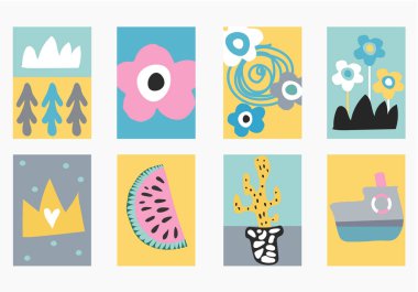 Güzel bir çocuk çizim seti. El posterler İskandinav tarzında çekilmiş çocuk, posterler veya afiş, tebrik kartları için. t-shirt yazdırır. Kreş çizimler