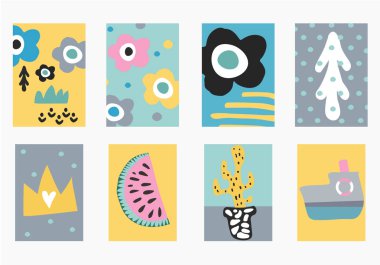 Güzel bir çocuk çizim seti. El posterler İskandinav tarzında çekilmiş çocuk, posterler veya afiş, tebrik kartları için. t-shirt yazdırır. Kreş çizimler
