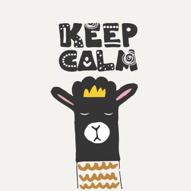 Lama, Alpaka şirin poster. Metin yazı sakin. Komik elle çizilmiş illüstrasyon t-shirt baskı veya kapak için.