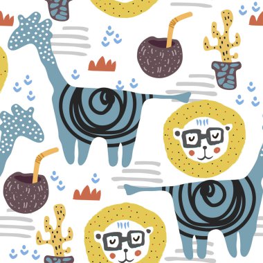 Cute seamless pattern with giraffe and lion or tiger. Animal pattern in scandinavian style. For children and kids. For textile,fabric, wrapping or poster clipart