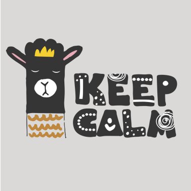 Lama, Alpaka şirin poster. Metin yazı sakin. Komik elle çizilmiş illüstrasyon t-shirt baskı veya kapak için. Vektör resim