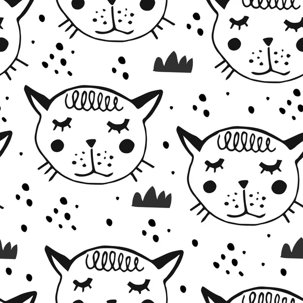 Ręcznie rysowane wzór ładny kot, kotek, w stylu skandynawskim. Tkaniny, tkaniny lub plakat. Dzieciak rysunek projektu — Wektor stockowy