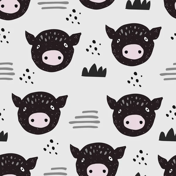 Handen ritade mönster med söta gris i skandinavisk stil. Textil, tyg eller affisch. Kid konstdesign — Stock vektor
