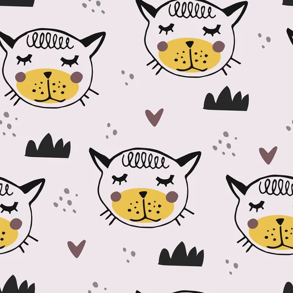 Hand getekend patroon met schattige kat, katje in Scandinavische stijl. Textiel, weefsel of poster. Kid ontwerp tekenen — Stockvector