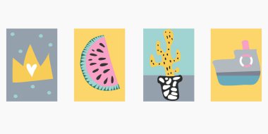 Güzel bir çocuk çizim seti. El posterler İskandinav tarzında çekilmiş çocuk, posterler veya afiş, tebrik kartları için. t-shirt yazdırır. Kreş çizimler