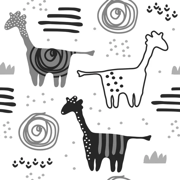 Padrão sem costura bonito com girafa. Padrão animal em estilo escandinavo. Para crianças e crianças. Para têxteis, tecidos, embalagens ou cartazes. Ilustração desenhada à mão vetorial . — Vetor de Stock