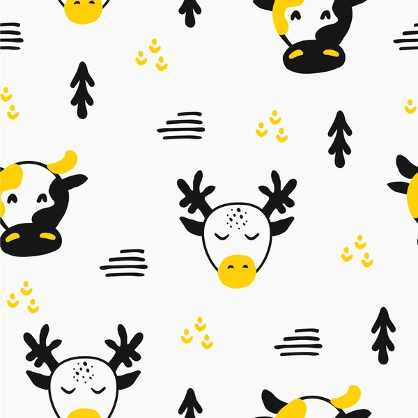 Dzikie jelenie i krowa ręcznie rysowane wzór w stylu skandynawskim dzieci włókienniczych, dziecinna plakaty lub tkaniny przedszkola. — Wektor stockowy