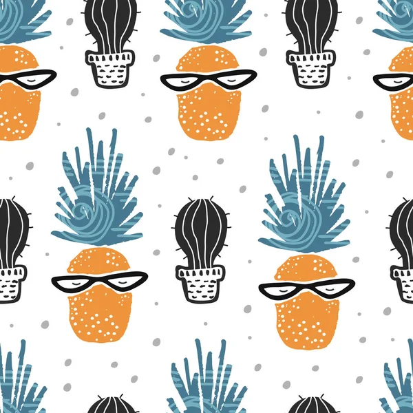 Cute seamless pattern with cactus and pineapple. Tropical pattern in scandinavian style. For children and kids. For textile,fabric, wrapping or poster. Vector hand drawn illustration. — Stock Vector