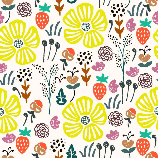 Hand getekend patroon met bloemen. Voor textiel, wrapper of stoffen bekleding. Scandinavische stijl. — Stockvector