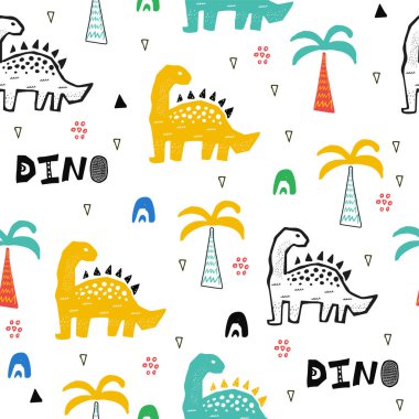 Hand drawn seamless pattern with dinosaur in the wild safari firest. Cute illustration for nursery,textile, kids fashion. clipart