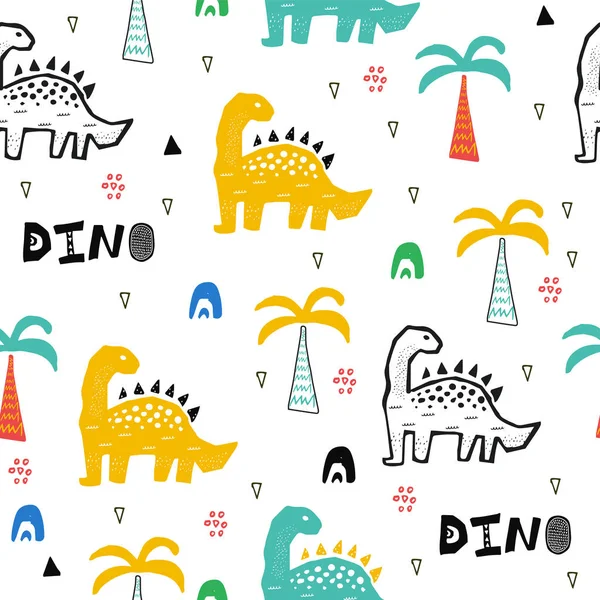 Hand drawn seamless pattern with dinosaur in the wild safari firest. Cute illustration for nursery,textile, kids fashion. — Stock Vector