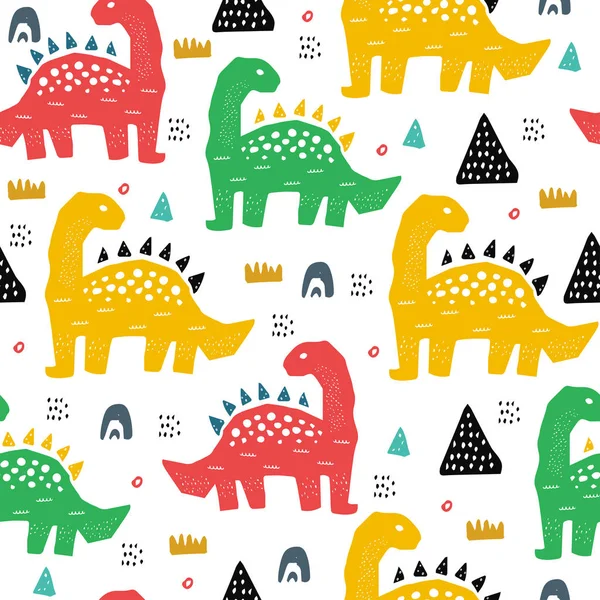 Hand dragna sömlösa mönster med dinosaurie i vilda safari branden. Söt illustration för barnkammaren, textil, barnkläder. — Stock vektor