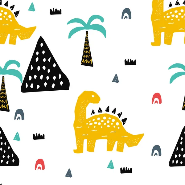 Patrón sin costura dibujado a mano con dinosaurio en el fuego salvaje safari. Linda ilustración para vivero, textil, moda para niños . — Archivo Imágenes Vectoriales