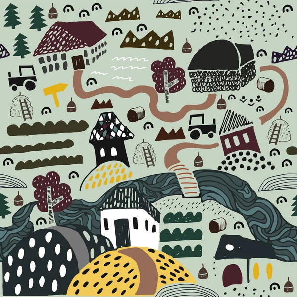 Ilustração aldeia desenhada à mão com casas, estradas e campos. Paisagem agrícola . —  Vetores de Stock