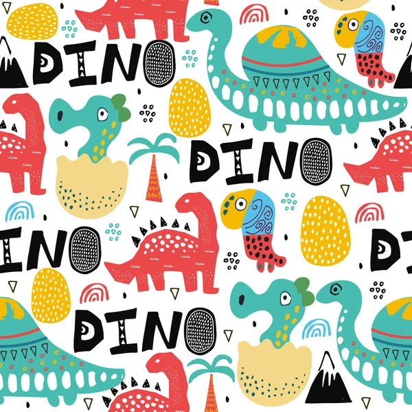ヤシの木と卵と新生児ディノ子を持つ恐竜ディノのパターン。子供たちのポスター、ファブリック繊維抽象的な背景の図を描画. — ストックベクタ
