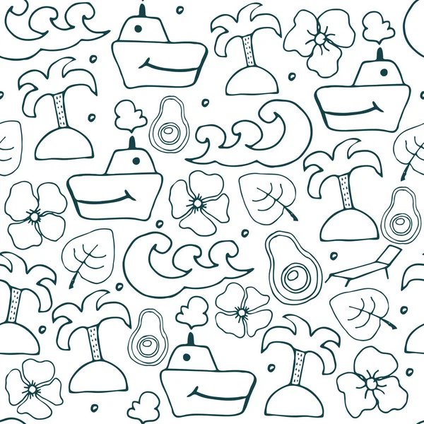 Çizgi sanatı deseni tatil tropikal elemanları ile. Doodle illüstrasyon.