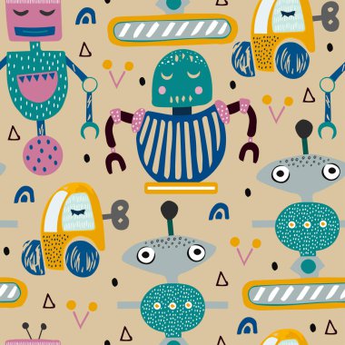 Robotlar ile Seamless modeli. Çocuk, çocuksu ve kreş Gösterim amacıyla Tekstil, kumaş, arka plan.