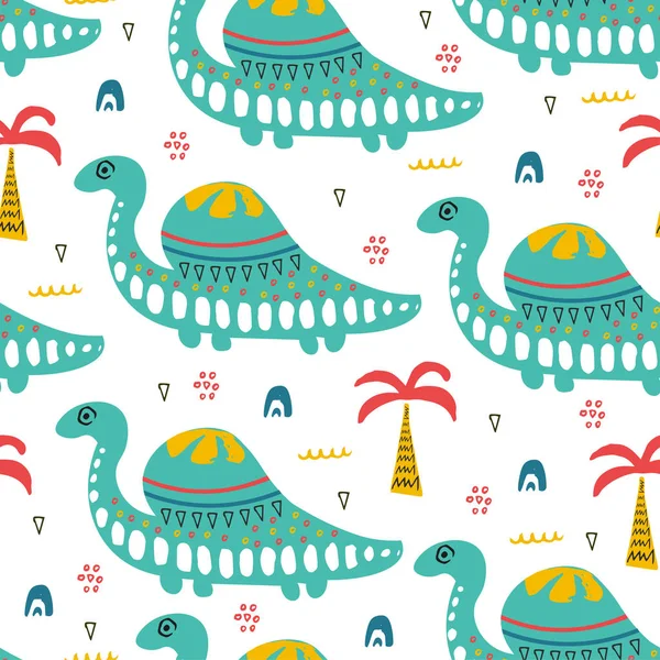 Pattern with dino,dinosaur. Wild exotic animal. Hand drawn illustration for kids,nursery. Childish pattern for textile,fabric,apparel or posters. — Stock Vector