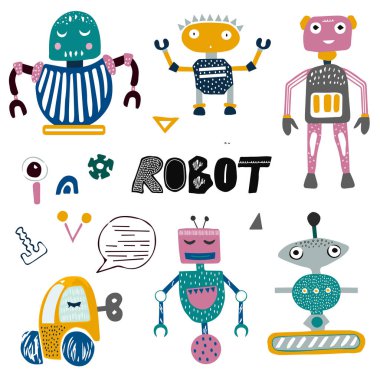 Robotlar ve sohbet botlar koleksiyonu. İzole karakter. Elle çizilmiş halat. Çocuklar, çocuklar ve çocuk odası için karikatür tarzı.