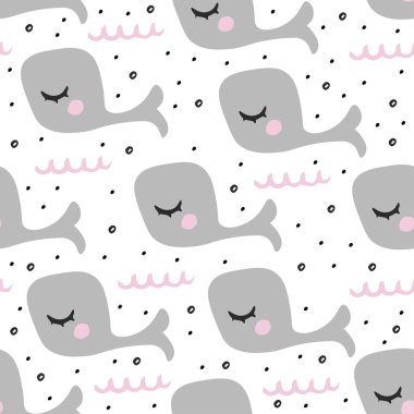 Sevimli balina balık desen, çocuklar için kreş. Tekstil, posterler, kumaş veya arka plan için çizilen illüstrasyon el.