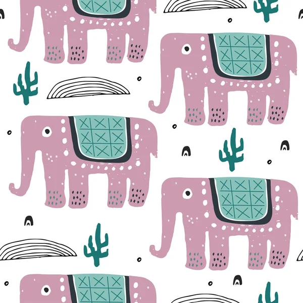 Χαριτωμένο ροζ ελέφαντες μοτίβο στις ζούγκλες. Εικονογράφηση για τα παιδιά βιβλία, ύφασμα ή ύφασμα. — Διανυσματικό Αρχείο