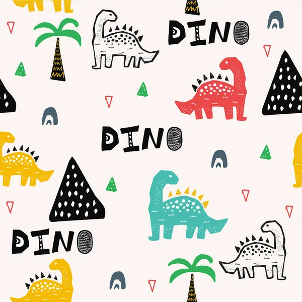 Pattern with dino, dinosaur in tropical forest in scandinavian style. Abstract kid draving for nursery,textile,wrapping or poster. — Stock Vector