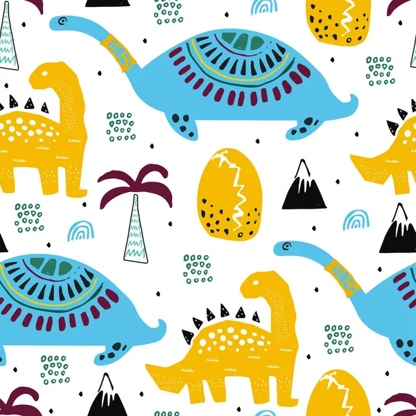 Modèle avec dino, dinosaure. Animaux exotiques sauvages. Illustration dessinée à la main pour les enfants, crèche. Motif enfant pour textiles, tissus, vêtements ou affiches . — Image vectorielle