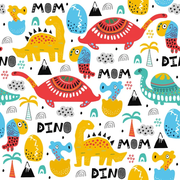 ヤシの木と卵と新生児ディノ子を持つ恐竜ディノのパターン。子供たちのポスター、ファブリック繊維抽象的な背景の図を描画 — ストックベクタ