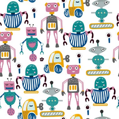Robotlar ile Seamless modeli. Çocuk, çocuksu ve kreş Gösterim amacıyla Tekstil, kumaş, arka plan.