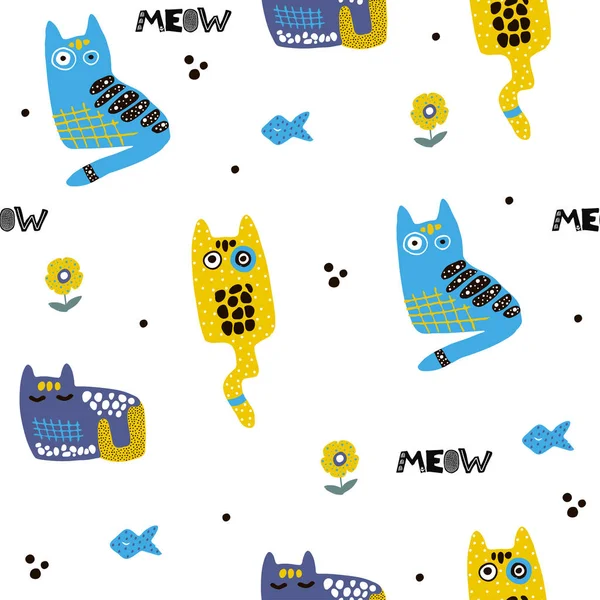 Pattern with cartoon cats, kittens in scandinavian style. Бесшовные детские иллюстрации для ткани, текстиля, плакатов . — стоковый вектор