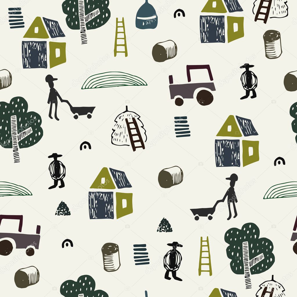 Seamless pattern with countryside landscape. Farm,house and working man. Hay and harvest. Agriculture. Scandinavian style.