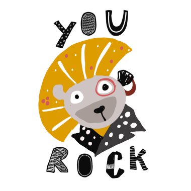 Punk rock tarzı el çekilmiş aslan. Çocukça poster. Çocuklar için şirin illüstrasyon.