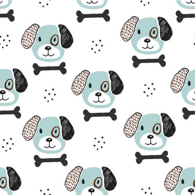 Köpek ve kemik çizilmiş çocuksu şekil ver. Kreş desen Tekstil ve kumaş için