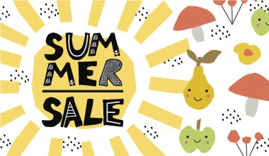 Güneş ve meyve ile yaz satışı büyük başlığı.