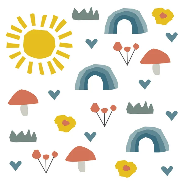 Abstraktes, kindliches Muster mit Sonne, Natur, Regenbogen im skandinavischen Stil. Kinder Collage Dekor. — Stockvektor