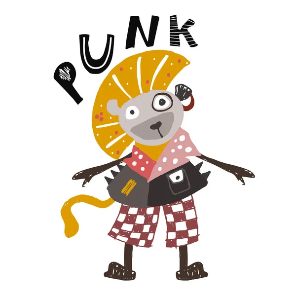 León dibujado a mano en estilo punk rock. Cartel infantil. Linda ilustración para niños . — Vector de stock