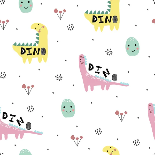 Abstract childish pattern with dino, dinosaur. Nursery pattern. Kid illustration. — Stock Vector