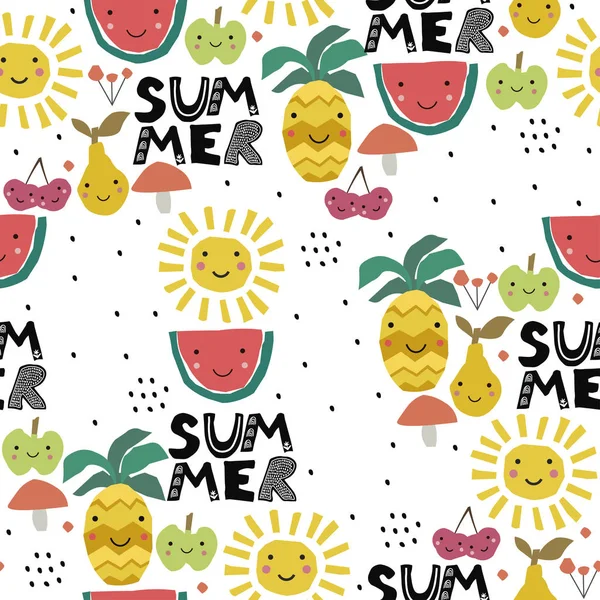 Astratto modello di vivaio cartone animato con sole, frutta. Manifesto estivo. Illustrazione vettoriale. Collage — Vettoriale Stock