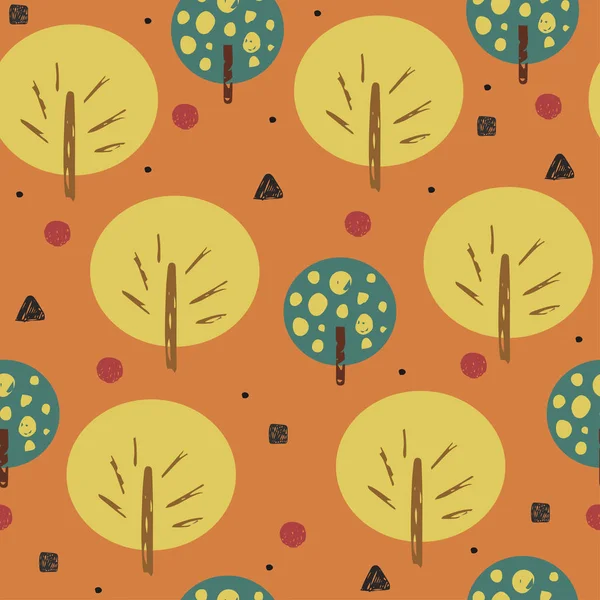 Abstracte illustratie met herfst boom. Vector design. Tekeningen van de kinderlijke natuur. Naadloze patroon. — Stockvector