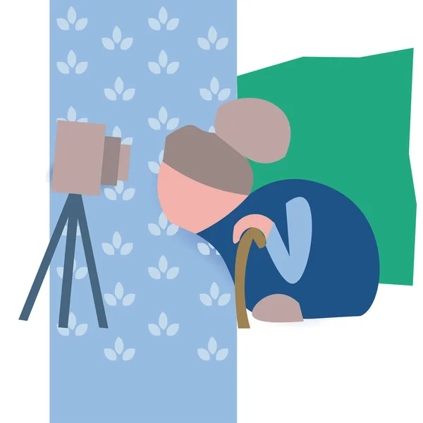 Old woman bloger shoot video on camera. Abstract paper cut style. — Stock Vector