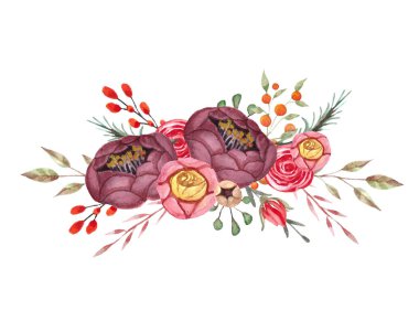 Suluboya çiçek buketi. Kompozisyon üzerinde arka plan ile izole çiçekli. Şablon için düğün davetiyesi, tebrik kartı, tipografi yazdırır.