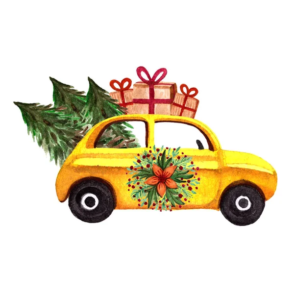 Feliz Natal ilustração com carro para cartão postal, cartaz, cartão de saudação. Arte aquarela isolada imprimível . — Fotografia de Stock